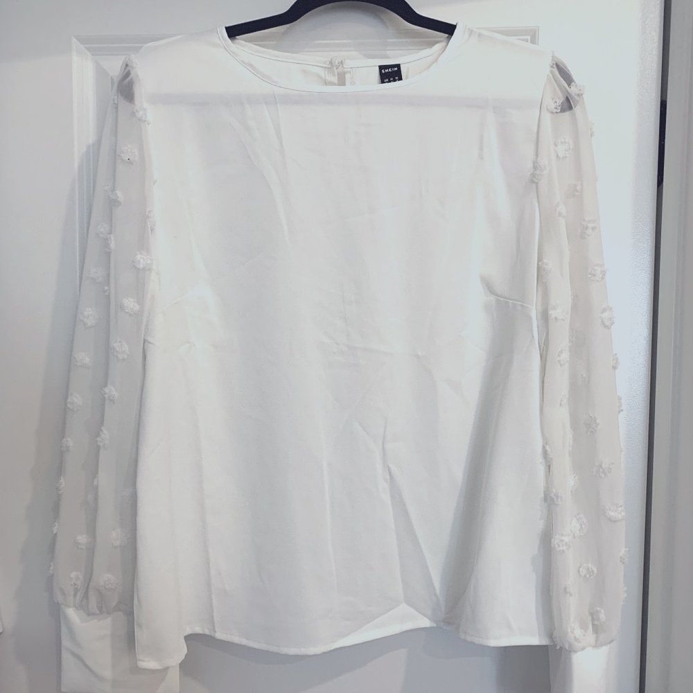 SHEIN Solid Swiss Dot Bishop Sleeve Blouse